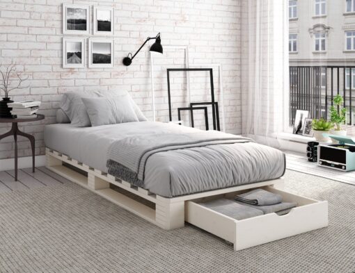 Oryginalne łóżko z palet z szufladą 90x200 cm, białe