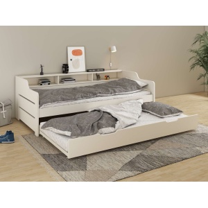 białe rozkładane łóżko z półkami